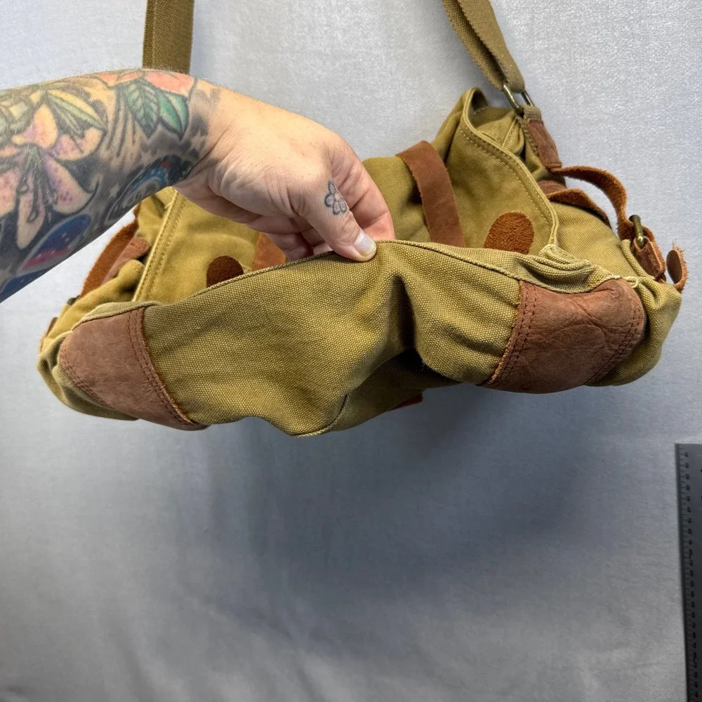 S.C. Cotton Military Messenger Bag Khaki Canvas Leather Trim Crossbody Satchel